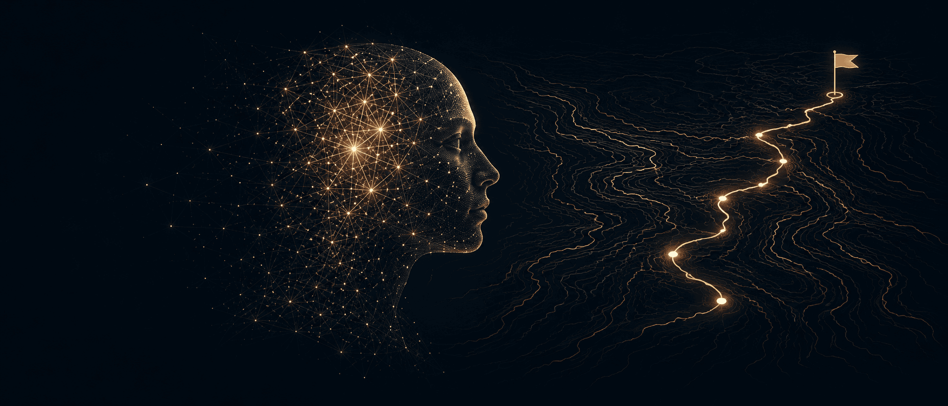 A glowing neural head profile dissolving into topographic map lines — representing the MindReport process