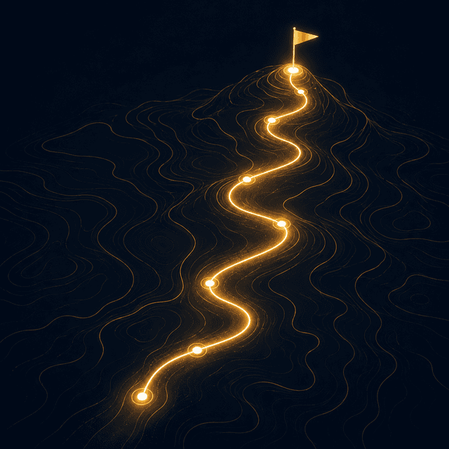 Glowing path through a topographic map leading to a flag — representing clarity and direction